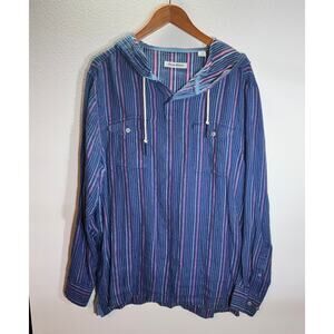 Tommy Bahama Men’s L Linen Striped Hoodie Shirt Blue Pink Casual Beachwear